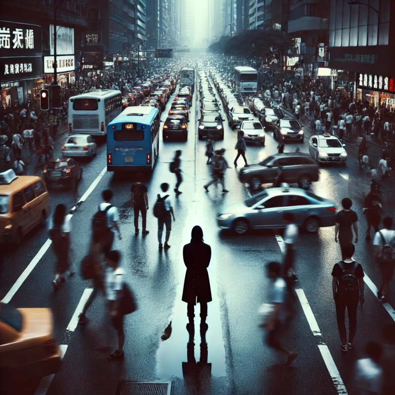 該圖片展示了一位性工作者站在城市的街道上，背景是熙熙攘攘的都市生活，突顯出她在繁忙的社會環境中顯得格格不入。圖片中的對比強調了性工作者在社會中所面臨的孤立感和挑戰。
圖片敘述：性工作者孤立地站在繁忙的城市街道上，周圍是忙碌的行人和車輛。這張圖片象徵著性工作者在社會中所面臨的融入困難和孤立感，提醒我們關注這一群體的困境和需求。
